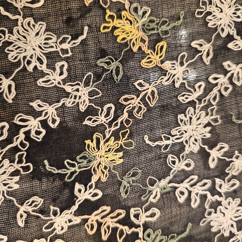 Vintage Floral Embroidered Black Mesh Fabric Remnants 3 Piece Lot Sheer Sewing